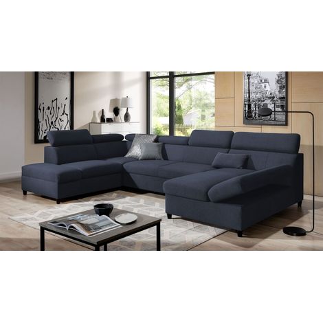 Wohnlandschaft Schlafsofa Sofa ANTON in Stoff Esito Dunkelblau Ottomane Rechts (1/4)