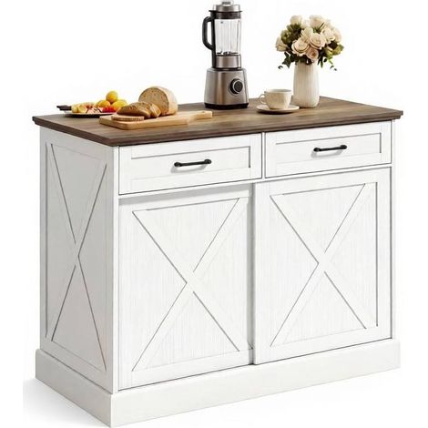 CHICFURN Isla de cocina con almacenamiento, 2 cajones, armario corredero y encimera de 106,4 cm, estilo farmhouse blanco y marrón para espacios pequeños (1/5)
