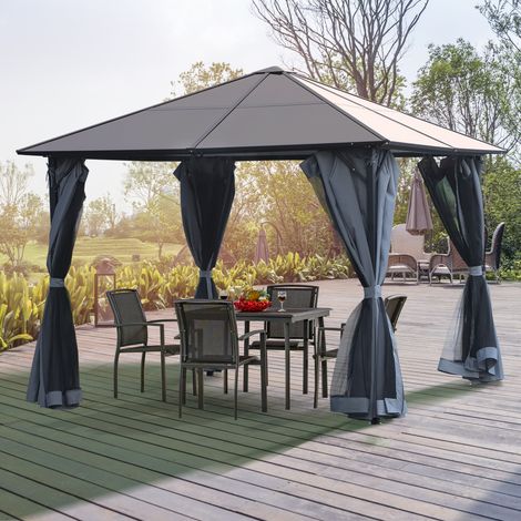 Pavillon avec toit en polycarbonate. rideaux avec moustiquaire. structure en aluminium. gris foncé. 3 x 3 m