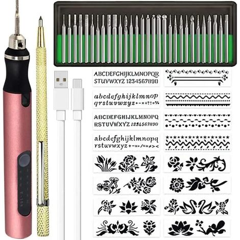 Kabelloses und wiederaufladbares DIY-Gravurset mit Mikrogravurstift für Metall, Glas und Kunststoff, inklusive 30 Spitzen und 1 Konturenstift, pink