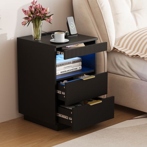 Table de Chevet Connectée 60x40x40 cm avec Prises Intégrées, LED RGB Variateur, 3 Tiroirs, Meuble de Nuit - Table de Nuit pour Chambre, Salon - Scandinave - Noir (1/5)