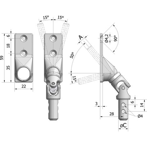 Sortie 50° plat zamak 22 x 59 mm +H7 320 RAL9016 CHERUBINI 78057030V1316