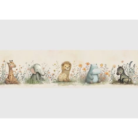 Frise auto-collante animaux en aquarelle sur fond beige (1/5)