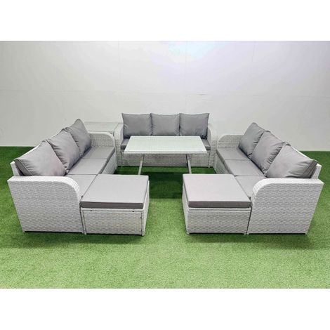 Fimous 11 Seat Outdoor PE Rattan Garden Furniture with Cushions 3 Seater Sofa Side Table 2 Big Stools Light Grey (1/4)