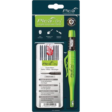 Marqueur de construction à pointe profonde – Couleur graphite – Mines spéciales pour surfaces sèches et humides – Taille-crayon intégré – Pica (1/9)