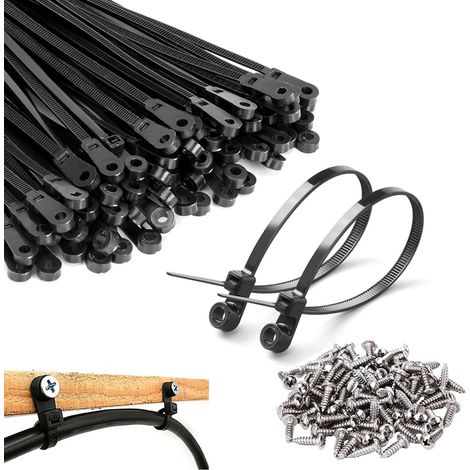Serre-câbles noirs avec trou de vis avec 100 vis 4 x 18, colliers de serrage à visser avec tête fixable, pinces de câble murales avec serre-câbles, support de câble pour fixation de câbles (100, noir (1/5)