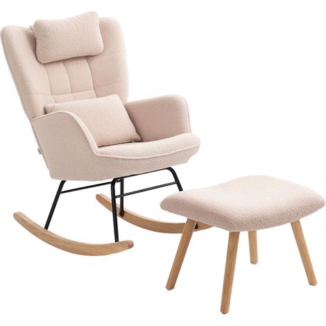 Fauteuil à bascule avec repose-pieds, beige, revêtement polaire douce, pieds en bois, coussin confortable, dossier haut (1/5)