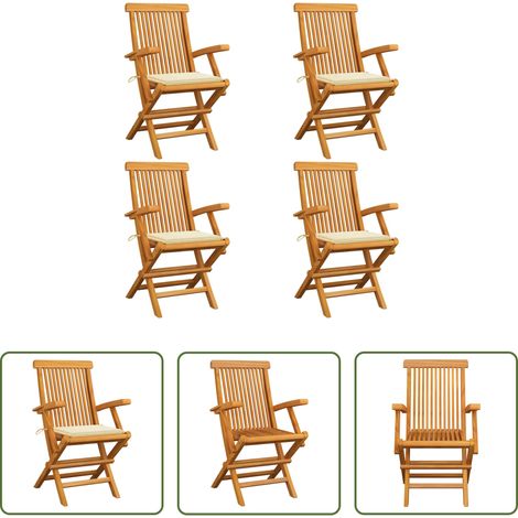 Teakholz - Gartenstühle mit Creme Kissen 4 Stk. Massivholz Teak (1/5)