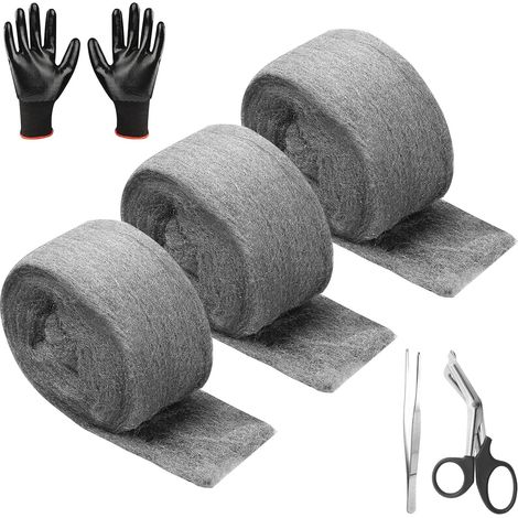 3 Rolls of Steel Wool for Mouse with Gloves, 3 Metres Wire Cleaning Wire Wool,Straw,Iron for Cleaning Polishing Maintenance Wood Finish, Wool Glass for Holes (1/5)