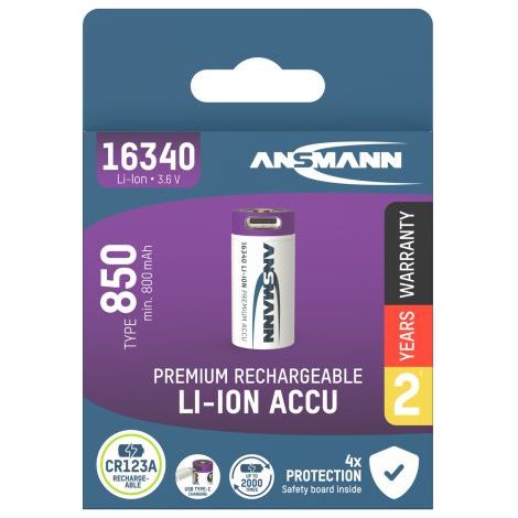 Batteria USB ricaricabile agli ioni di litio 16340 da 3,6 V 850 mAh RCR123A