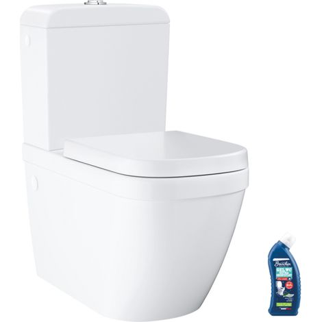 Grohe – WC à poser sans bride – Évacuation universelle – Cuvette en porcelaine vitrifiée – Abattant frein de chute – Pack complet avec nettoyant