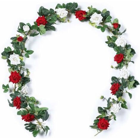 2pcs Vignes Roses Artificielles 5.5ft Fleurs de Velours pour Guirlande Suspendue et Décoration de Mariage (Rouge et Blanc)