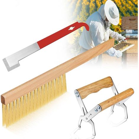 Imkerbedarf, darunter ein Rahmenheber und ein J-Haken-Schaber aus Edelstahl, ein Beutenrahmenheber mit Griff, eine Imkerbürste mit Holzgriff und vieles mehr. (1/5)
