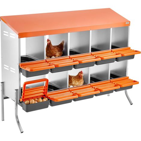 Pondoir à Poules 10 Compartiments Nichoir à Poule en Acier Galvanisé et Plastique Haute Résistance pour Différentes Races de Poules, avec Pieds de Support Espace Ponte Spacieux, 132x52,5x99 cm (1/5)