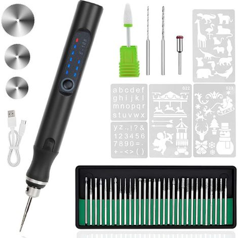 Elektrischer Gravierstift mit 37 Schlitzen, kabellose, per USB aufladbare Graviermaschine, tragbare Rotationsgraviermaschine für Heimwerker, schwarz. (1/5)