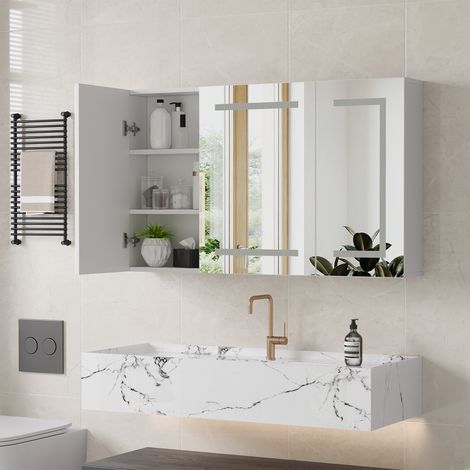 Wandschrank für das Badezimmer – 100 x 60 cm – 3-farbiger, beschlagfreier LED-Spiegel mit EU-Steckdose und Taschentuchspender – Weiß