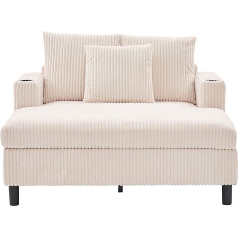 Poltrona chaise longue beige in tessuto a coste con USB, portabicchieri e LED (1/5)