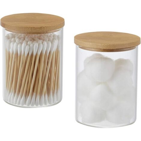 Lot de 2 bocaux en verre avec couvercles en bambou, tampon rond en coton pour organisateur de rangement d'accessoires de salle de bain, ddécor de salle de bain (1/5)