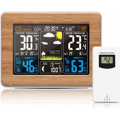 Kabellose Wetterstation mit Außensensor – mit Uhrzeit, Datum, Temperatur, Luftfeuchtigkeit, Barometer, Alarm, Mondphasenanzeige, Multifunktionsthermometer (Schwarz)