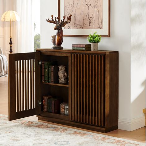 Sideboard 99/23,5/82,6 cm in Walnuss mit geriffelten Türen und Steckdosenaussparungen (1/5)
