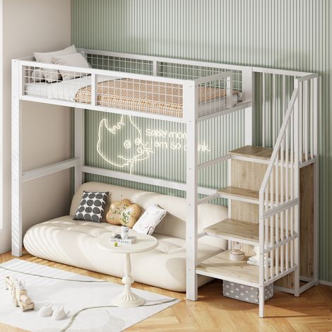 DESVIAE Lit mezzanine enfant 90 x 200 avec échelle sécurisée armoire de rangement et sommier à lattes en métal blanc (1/5)