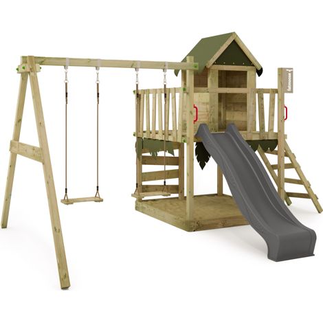 Fatmoose JazzyJungle Jam wooden play tower with swing and slide in anthracite