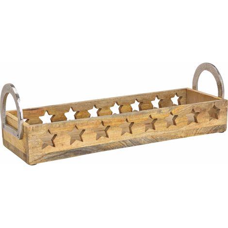 Plateau à bougies en bois de manguier - env. 44 cm - avec anse en métal
