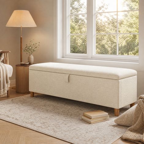 Lit double 180x200 cm en MDF beige et chêne clair avec LED, banc coffre, sans matelas - CHICFURN (1/5)