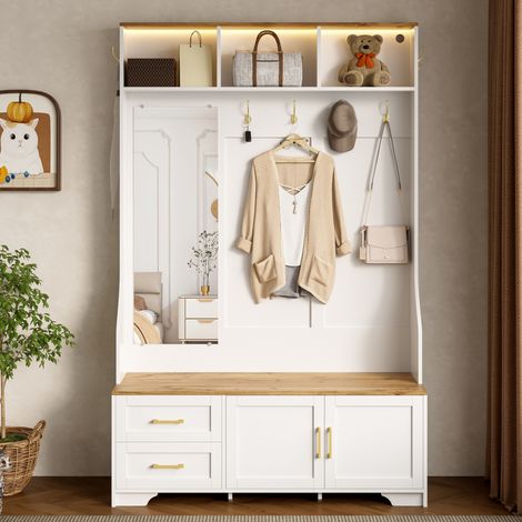 Multifunktionaler Flur- & Schuhschrank mit LED-Beleuchtung, Spiegel, Haken und Schubladen – Moderner Garderobenschrank für Eingangsbereich & Diele mit Stauraum und Sitzfläche (1/5)