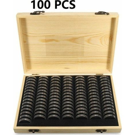 Portamonedas de madera de pino, caja de madera para guardar monedas conmemorativas coleccionables con cápsulas y carcasa protectora, compatible con monedas de 18/21/25/27/30 mm de diámetro, 280 x 190  (1/5)