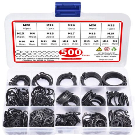 Jeu de 500 circlips métalliques, 20 types de circlips de type E (Φ4/5/6/7/8/9/10/11/12/13/14/15/16/17/18/19/20/22/24/26/28 mm) pour fixation interne et externe (1/4)