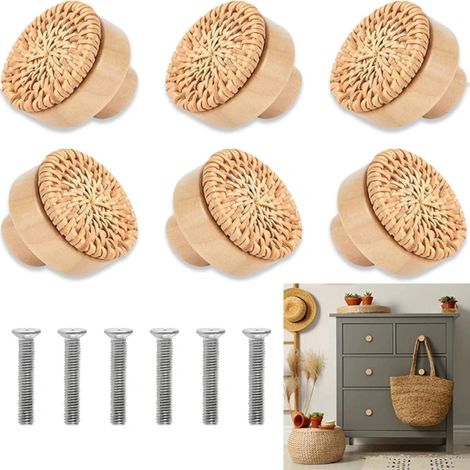 Poignées d'armoire en rotin 6 pièces 4x3,5 cm, bouton en bois naturel, poignée de meuble vintage, tiroirs commode, porte de placard cuisine, poignée de tirage (1/5)
