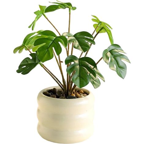 Bouquet de fleurs artificielles, fleurs en plastique longue durée, vase donut décoratif + petite plante Monstera verte (1/2)