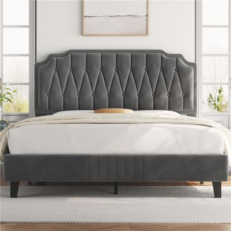 Yaheetech – Lit double capitonné réglable en hauteur 160x200 cm – Cadre en bois massif et métal – Sommier à lattes – Gris foncé