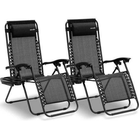 Set de 2 Chaises Pliantes - Chaise Longue Réglable pour Extérieur avec Table Latérale, Porte-Gobelets, Oreillers Amovibles - Patio, Jardin, Plage - Noir (1/5)