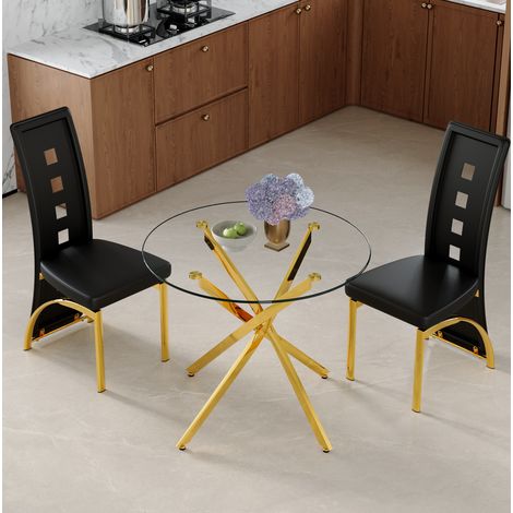 Ensemble table et chaises à manger ronde 88 cm avec 2 chaises, verre trempé, PU noir et métal doré, pour salon (1/5)