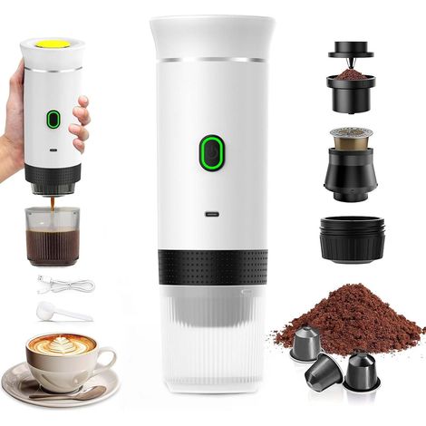 Portable Travel Coffee Maker,  12V Rechargeable Espresso Machine with Carrying Case for Camping and Car,  Fast Heating,  Compatible with K-Cup Capsules and Ground Coffee,  For Travel,  White (1/5)