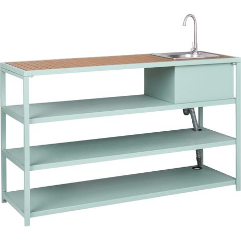 Isla de cocina de exterior con fregadero de caño monomando estantes acero encimera madera clara 159 x 50 x 91 cm verde claro Avetrana (1/5)