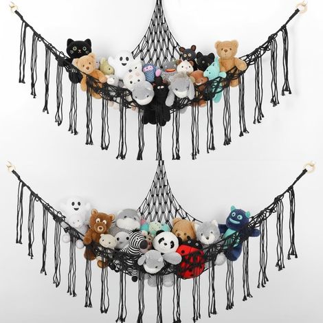 Juego de 2 redes de almacenamiento para peluches - Para la esquina de la habitación infantil - Hamaca de macramé - Negro (1/5)