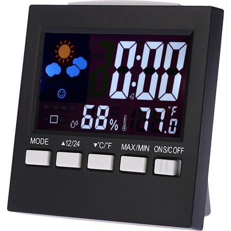 Thermomètre, hygromètre, horloge, alarme, fonction snooze, calendrier et prévisions météo numériques et couleur (1/5)