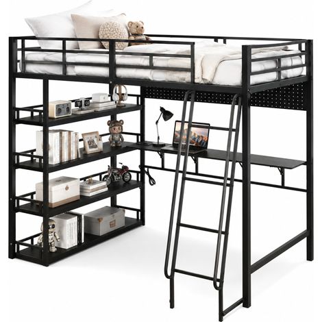 CHICFURN Cama alta 140x200 cm de metal negro con almacenaje, escalera y sin colchón (1/5)