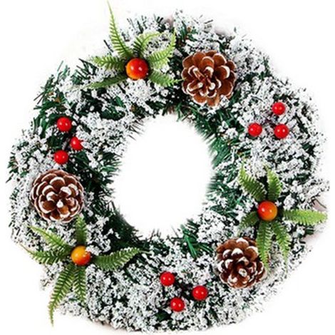 Künstlicher Weihnachtskranz, 30 cm Durchmesser, zur Dekoration der Haustür, mit Schneeflocken, Beeren und Tannenzapfen (1/5)