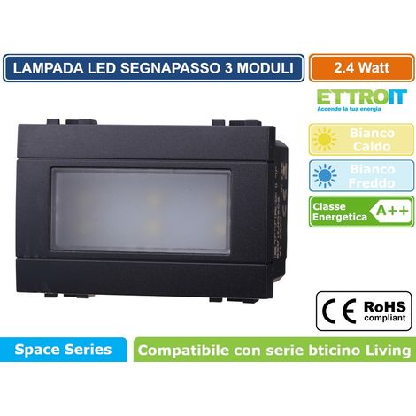 Segnapasso Led 3 moduli 2,4W da incasso per scatola 503 nero IP20 Bianco freddo 6000K compatibile anche con BTicino Livinglight