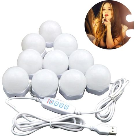 Specchio luminoso a LED, 3 colori e 10 pezzi, luce a specchio USB dimmerabile con cavo, colori regolabili, specchio per il trucco, specchio da bagno, specchio da toeletta, illuminazione per il trucco