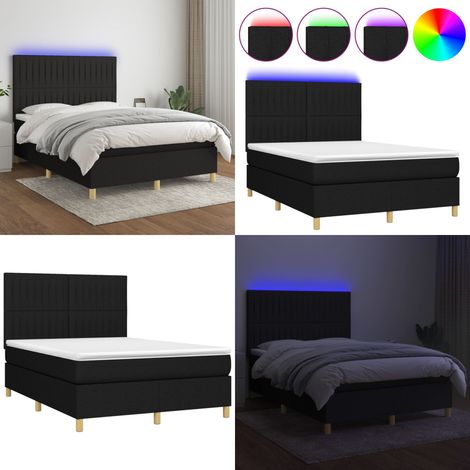 Sommier à lattes de lit et matelas et LED Noir 140x190 cm Tissu - Sommier Tapissier - Lit Double - Matelas À Ressorts Ensachés - Éclairage Led - Têtière Ajustable - Home & Living (1/5)