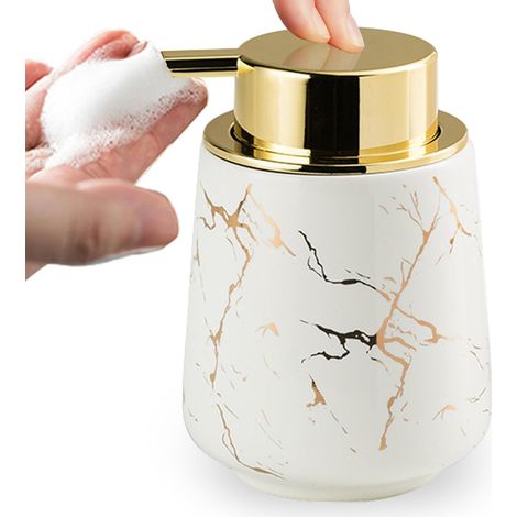 Blanc Céramique Mousse Distributeur de Savon, 380ML Motif Marbre avec Grande Tête de Pompe Distributeur de Salle de Bain, Rechargeable Shampoing, Lotion, Distributeur de Savon à Main (1/5)