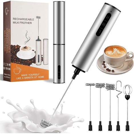 Electric Milk Frother USB-C Rechargeable Stainless Steel with 3 Speeds and 5 Nozzles Portable Whisk for Coffee Latte Matcha Hot Chocolate Cream Eggs Silver (1/5)