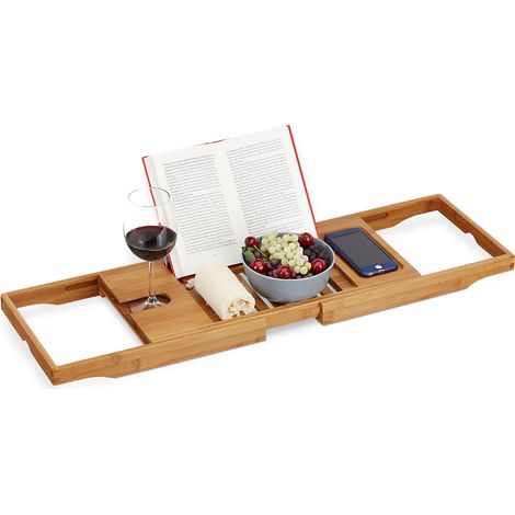Relaxdays Pont de baignoire XL, avec serre-livre & pour tablette, plateau luxueux, bambou, extensible 70-105 cm, nature (1/5)