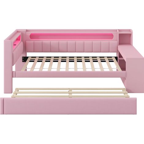 CAIziLit de jour rembourré 90x200 rose avec gigogne, bureau, LED et USB (1/5)