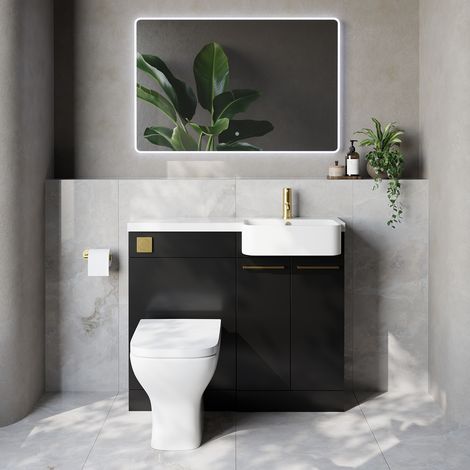 Napoli 250 Matt Black 1000mm 2 Door Vanity Unit Toilet Suite with Right Hand Round Rico Semi Recessed Basin - 1000mm - Brushed Brass 160mm HandleWith Kingston Toilet Pan and Seat